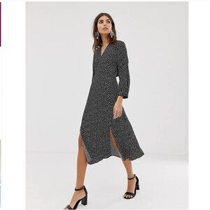 Whistles Helena Confetti Heart V-Neck Midi Dress 8 Black White Double Slit